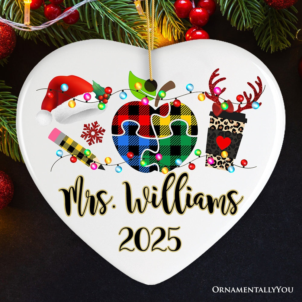 Personalized Autism Teacher Buffalo Plaid Leopard Merry Christmas Ornament
