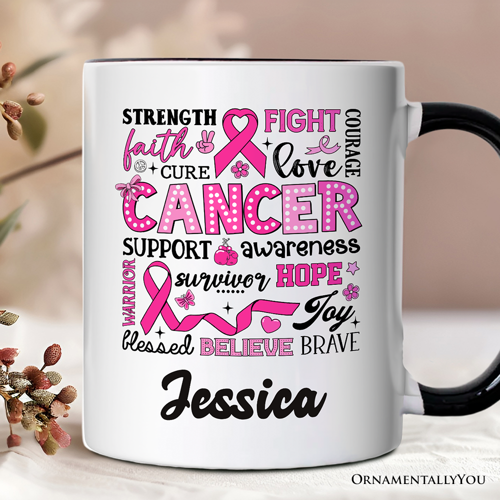 Breast Cancer Awareness Ribbon Personalized Mug, In October We Wear Pink Support Gift with Custom Name