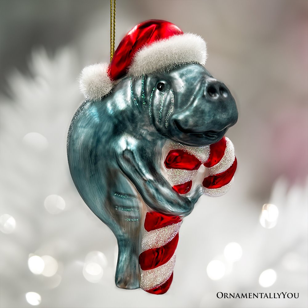 Aquatic Manatee Glass Christmas Ornament, Sea Cow Coastal Ocean Animal Holiday Decoration