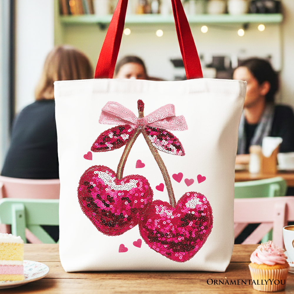 Sequin Pink Cherry Heart Canvas Tote Bag