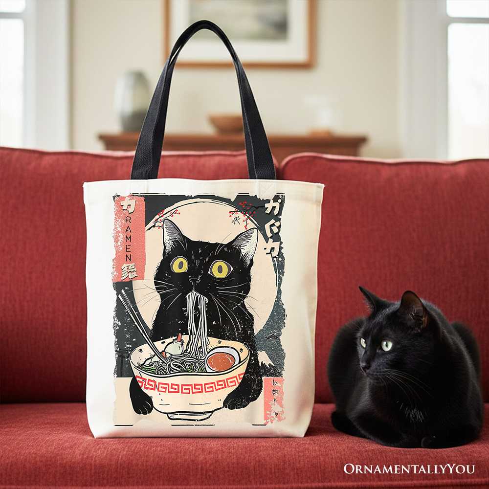 Kawaii Anime Cat Eating Ramen Canvas Tote Bag, Noodle Japanese Art Style Gift Bag