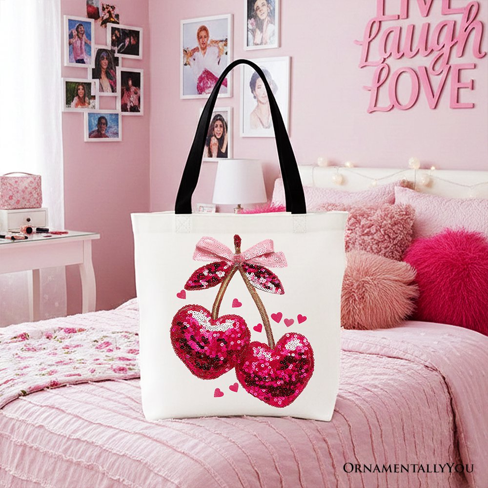 Sequin Pink Cherry Heart Canvas Tote Bag