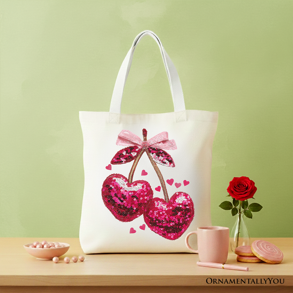 Sequin Pink Cherry Heart Canvas Tote Bag