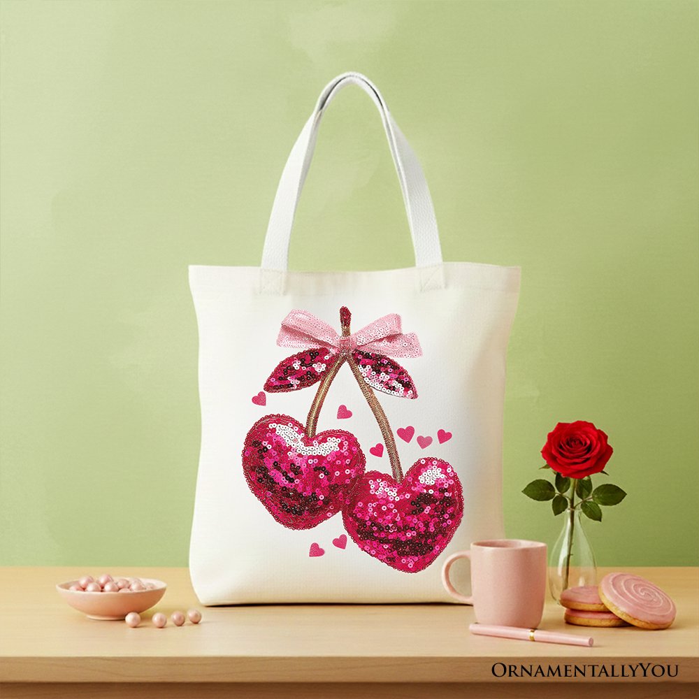 Sequin Pink Cherry Heart Canvas Tote Bag