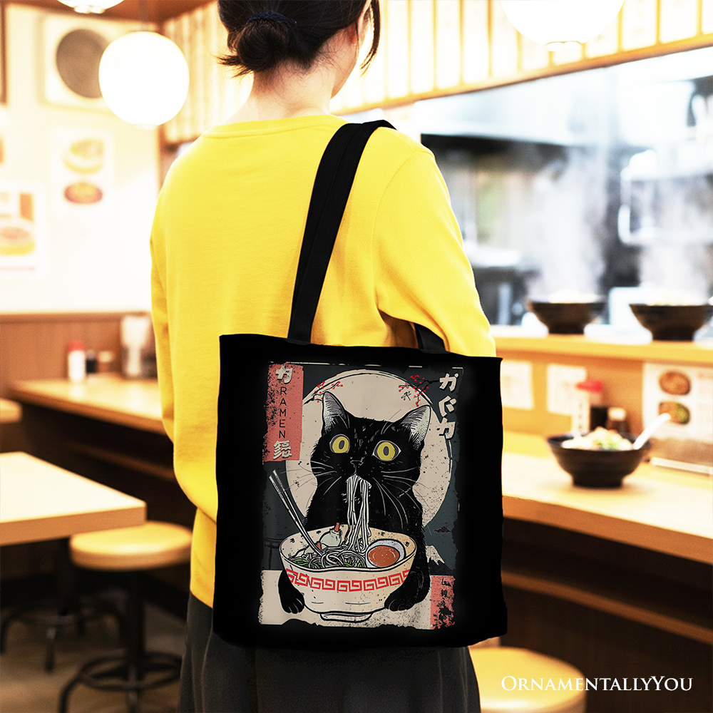 Kawaii Anime Cat Eating Ramen Canvas Tote Bag, Noodle Japanese Art Style Gift Bag