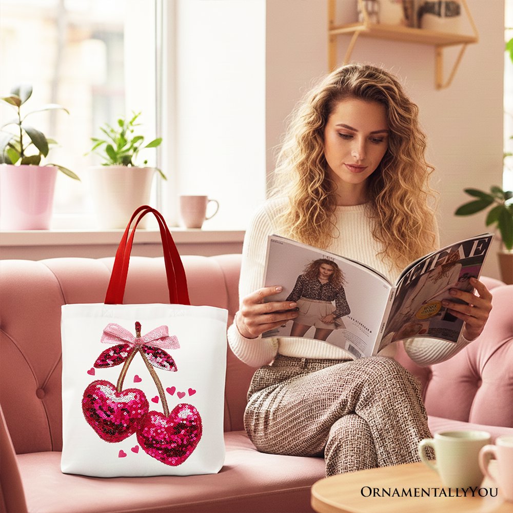 Sequin Pink Cherry Heart Canvas Tote Bag