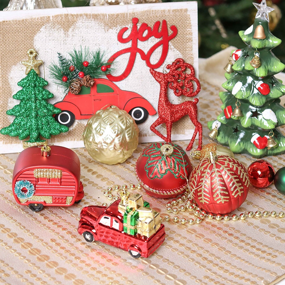 Rustic Christmas Adventure Ornament Bauble 60 Piece Set, Camping Truck, Acorns, Woods Theme