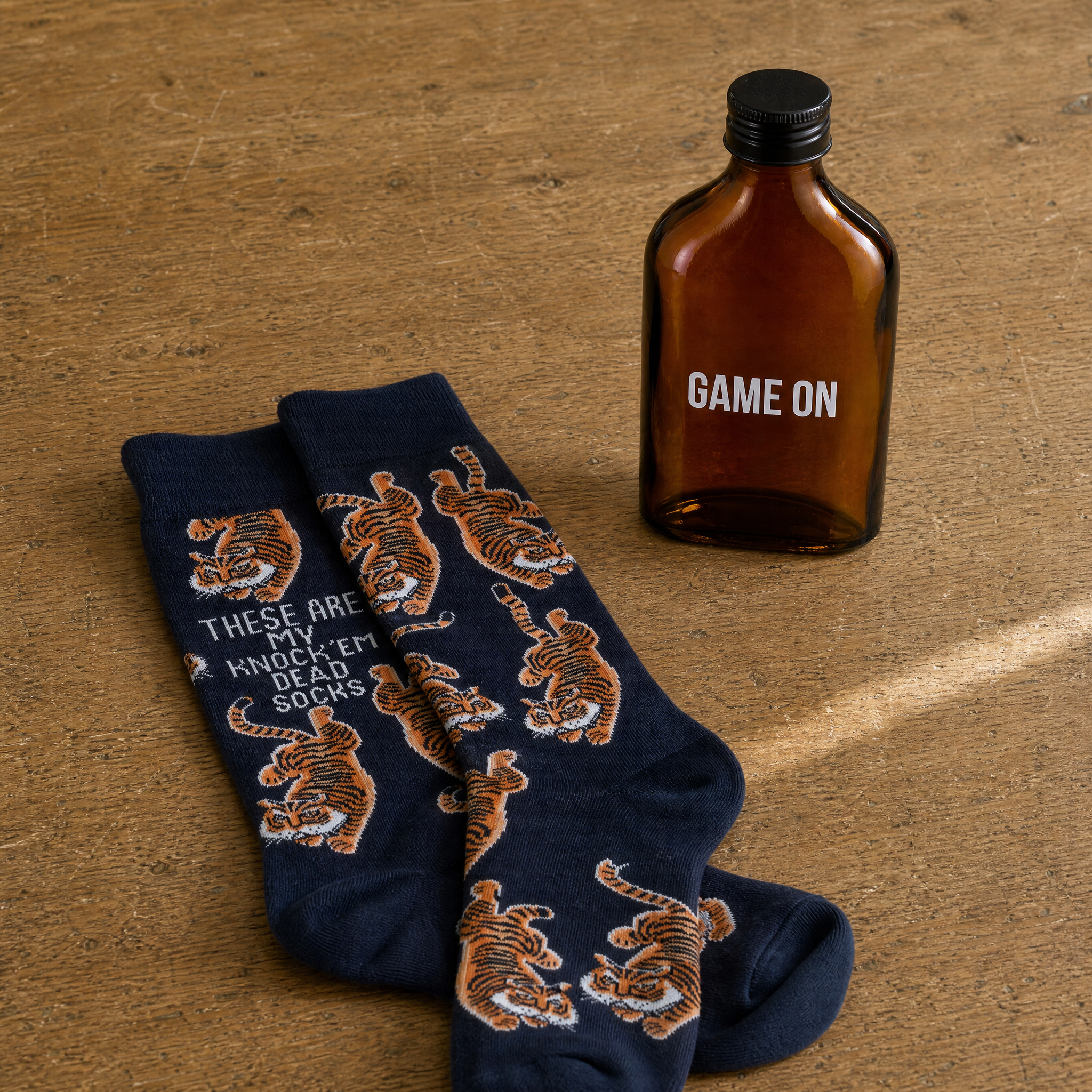 Game On Motivational Gift Set | Mini Flask & Knock 'Em Dead Socks in Gift Bag