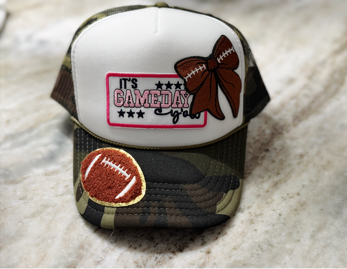 Game Day Bow Trucker Hat – Football Snapback Camo Hat