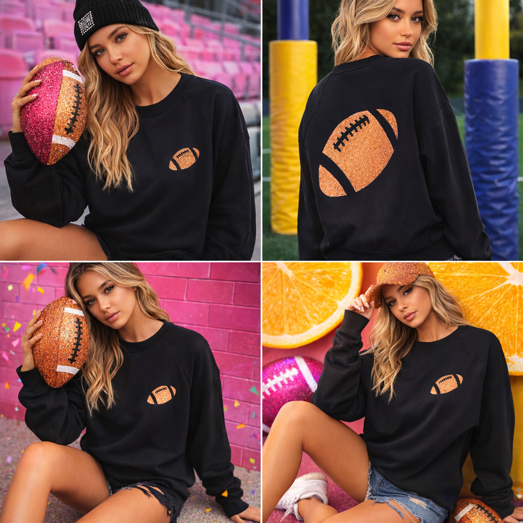 Glitter Football Sweatshirt – Soft Black Game Day Pullover for Sporty Glam