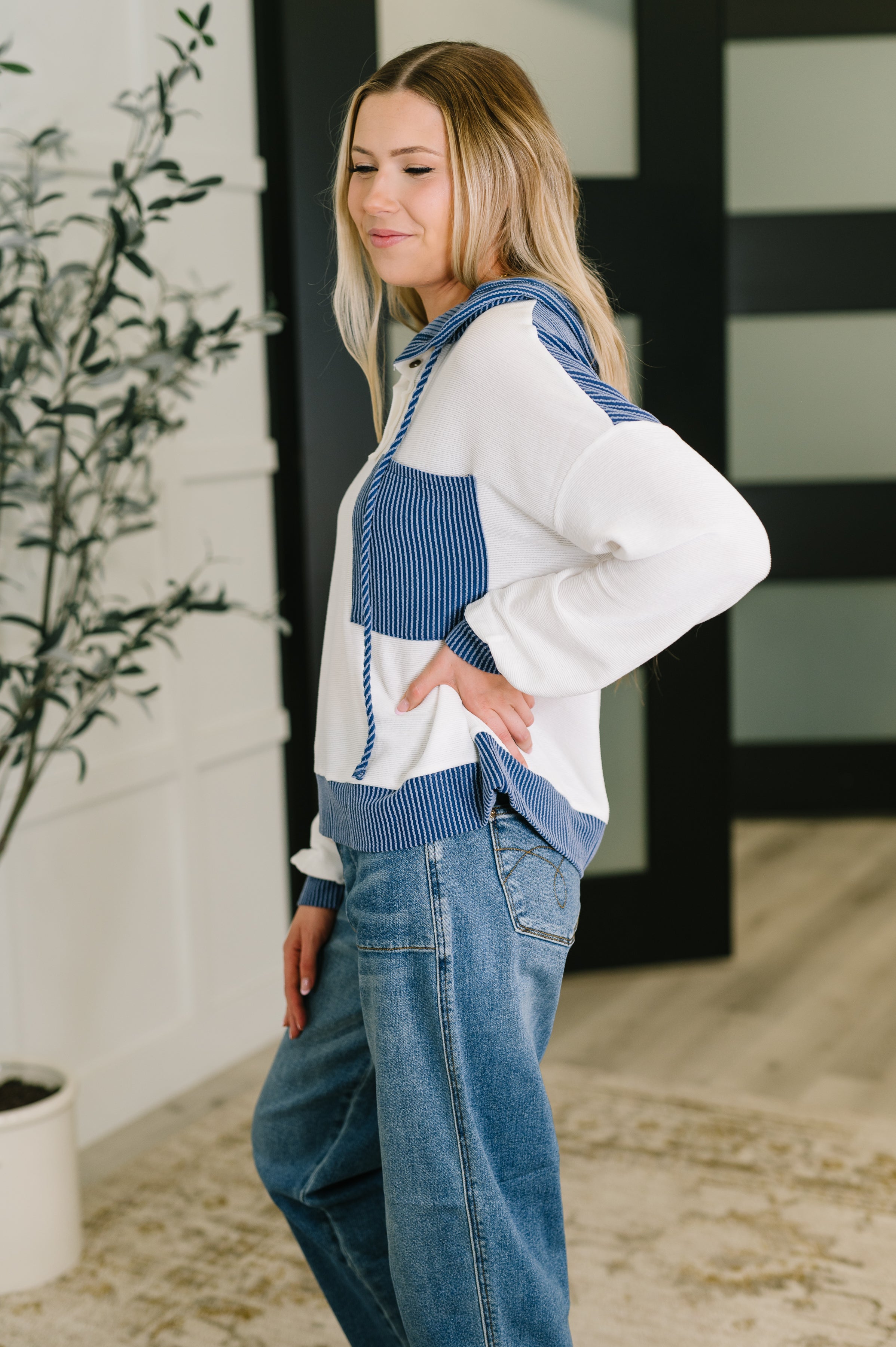 Here for Now Color Block Hoodie in Blue