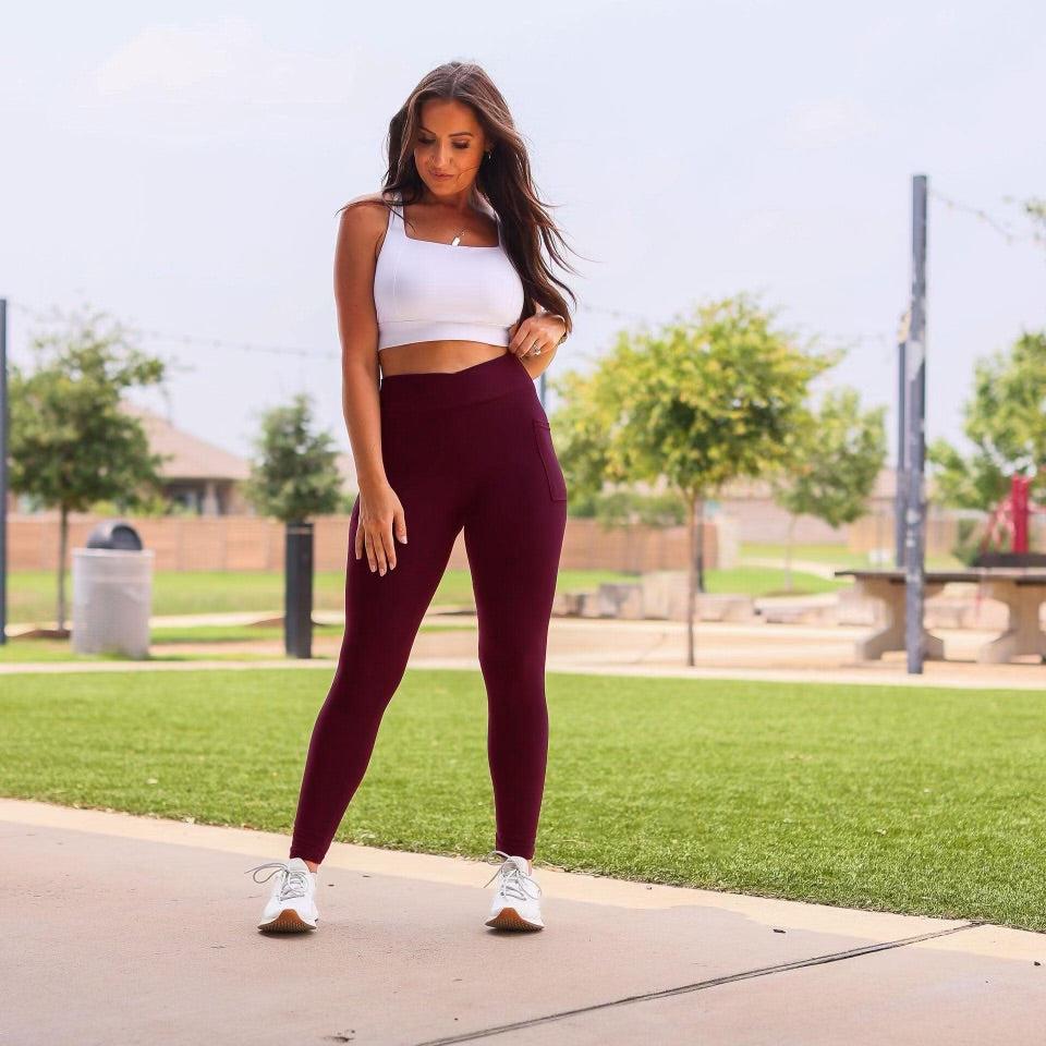 The Molly - MAROON Crossover Full Length Leggings with Pockets