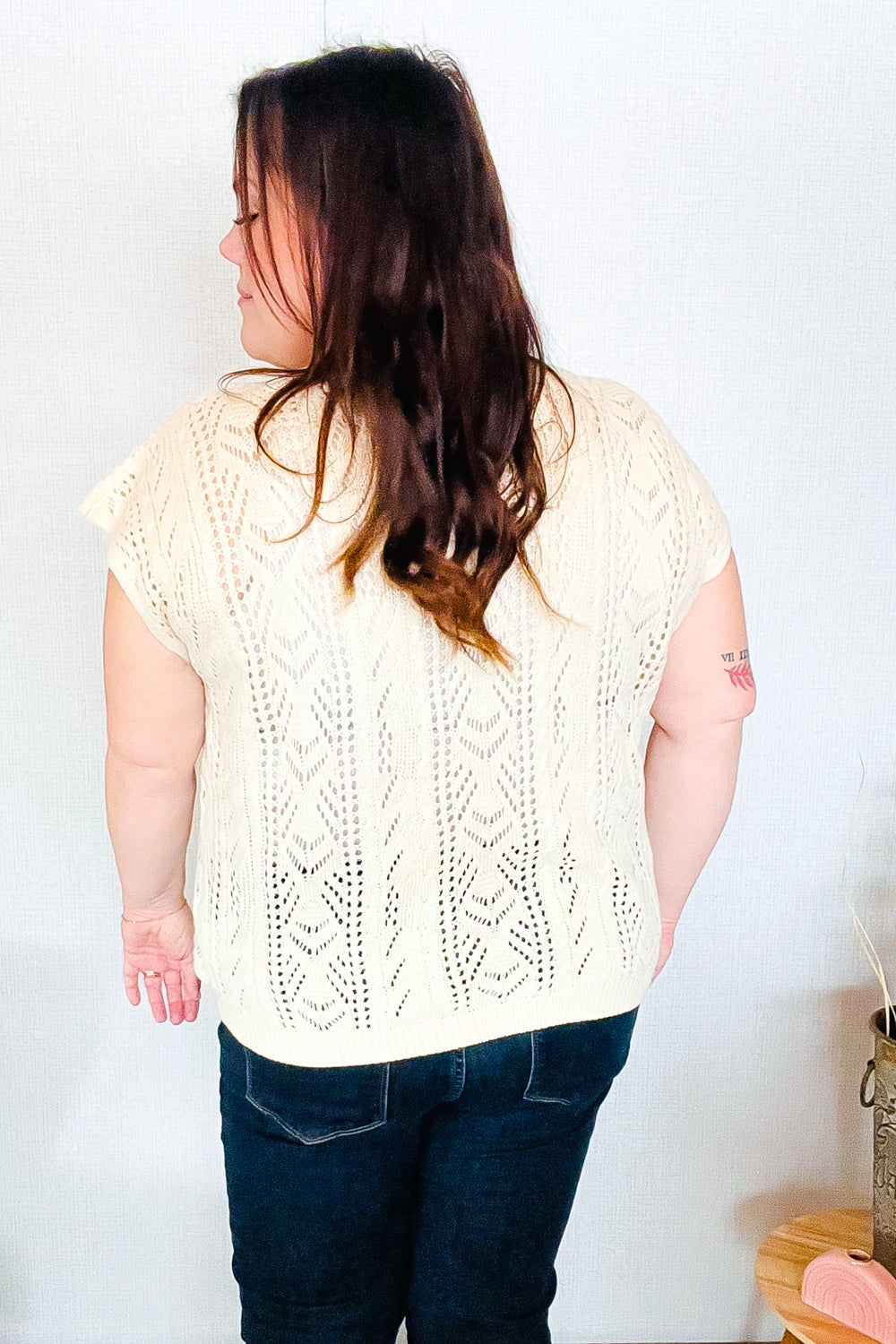 Beige Dolman Short Sleeve Crochet Sweater Top