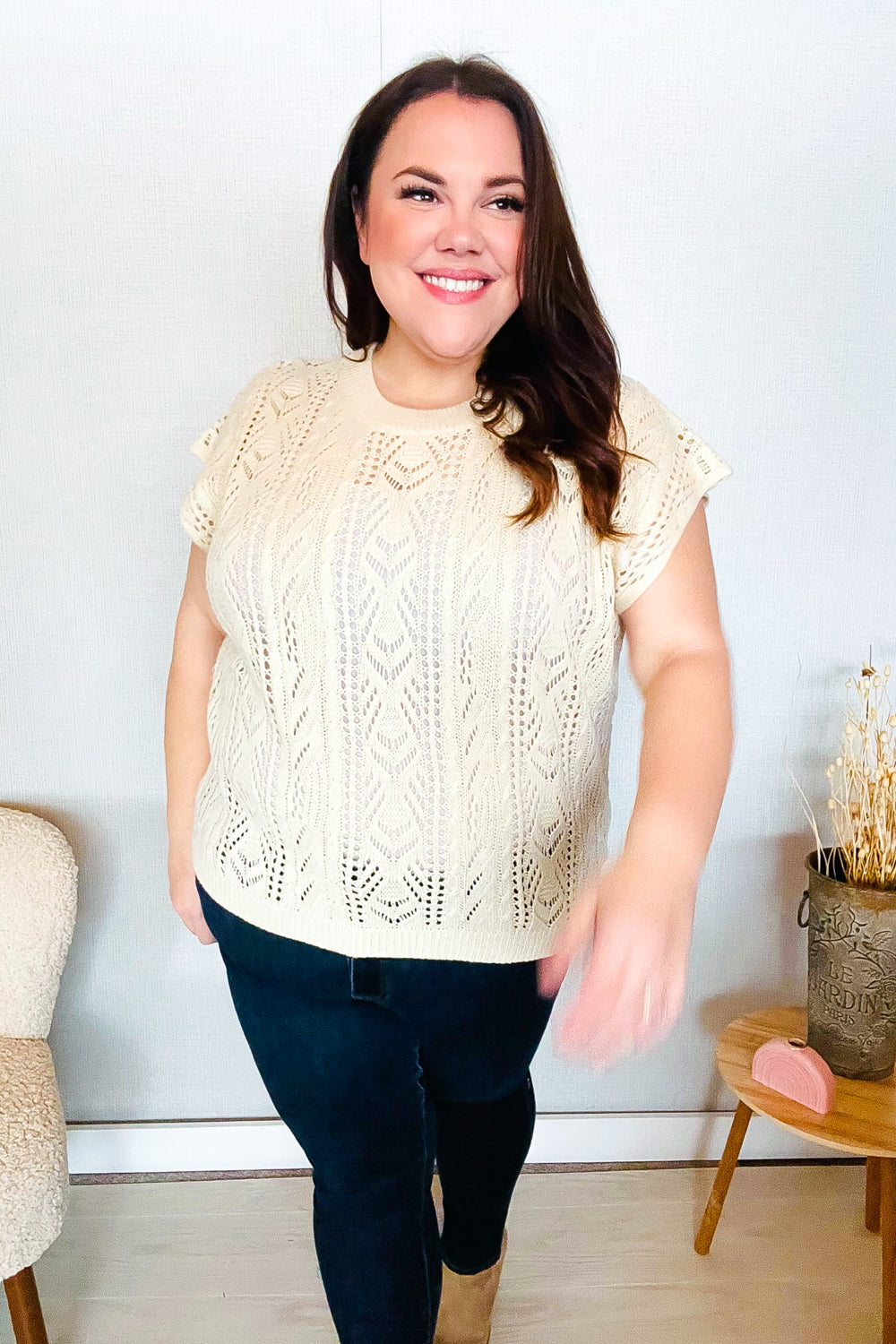 Beige Dolman Short Sleeve Crochet Sweater Top