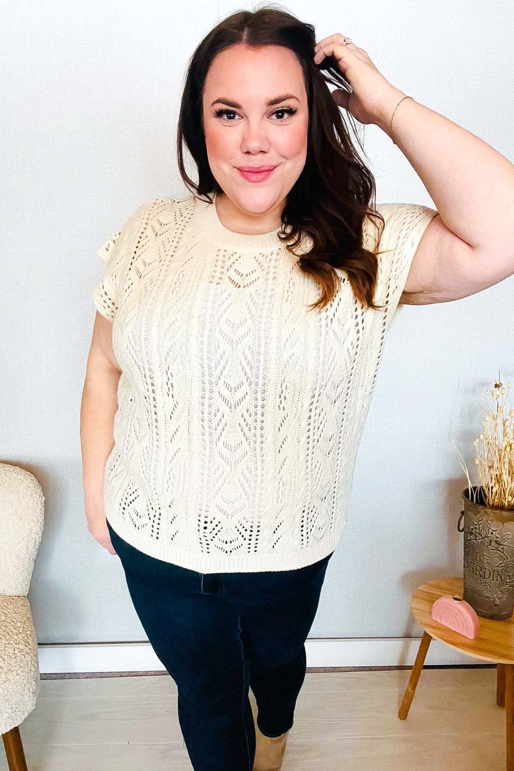 Beige Dolman Short Sleeve Crochet Sweater Top