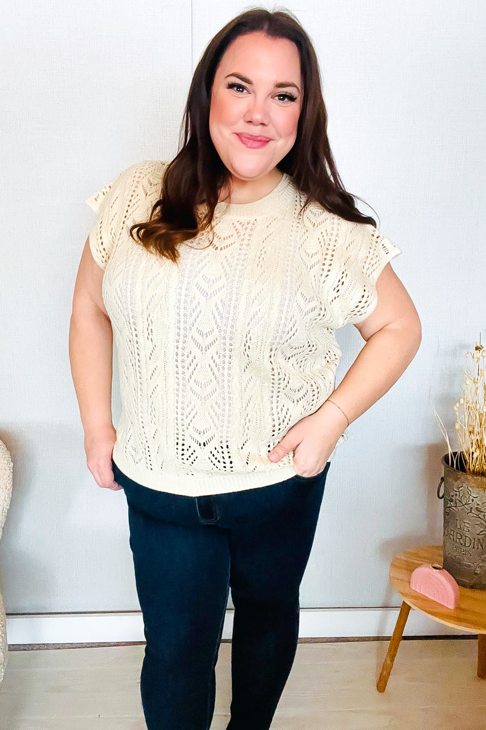 Beige Dolman Short Sleeve Crochet Sweater Top