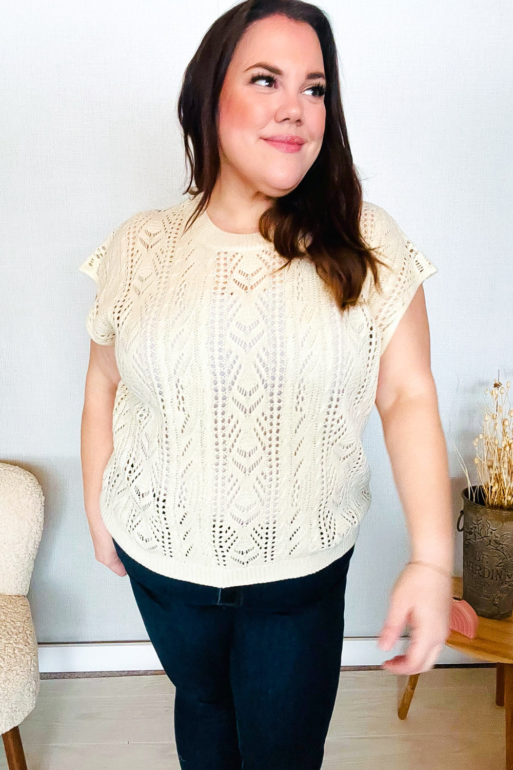 Beige Dolman Short Sleeve Crochet Sweater Top