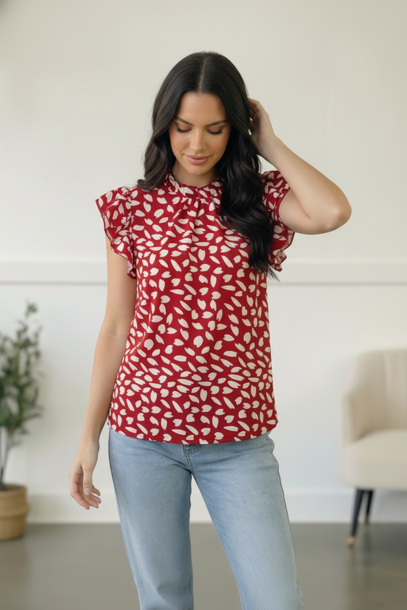 Ruby Breeze Abstract Ruffle Top