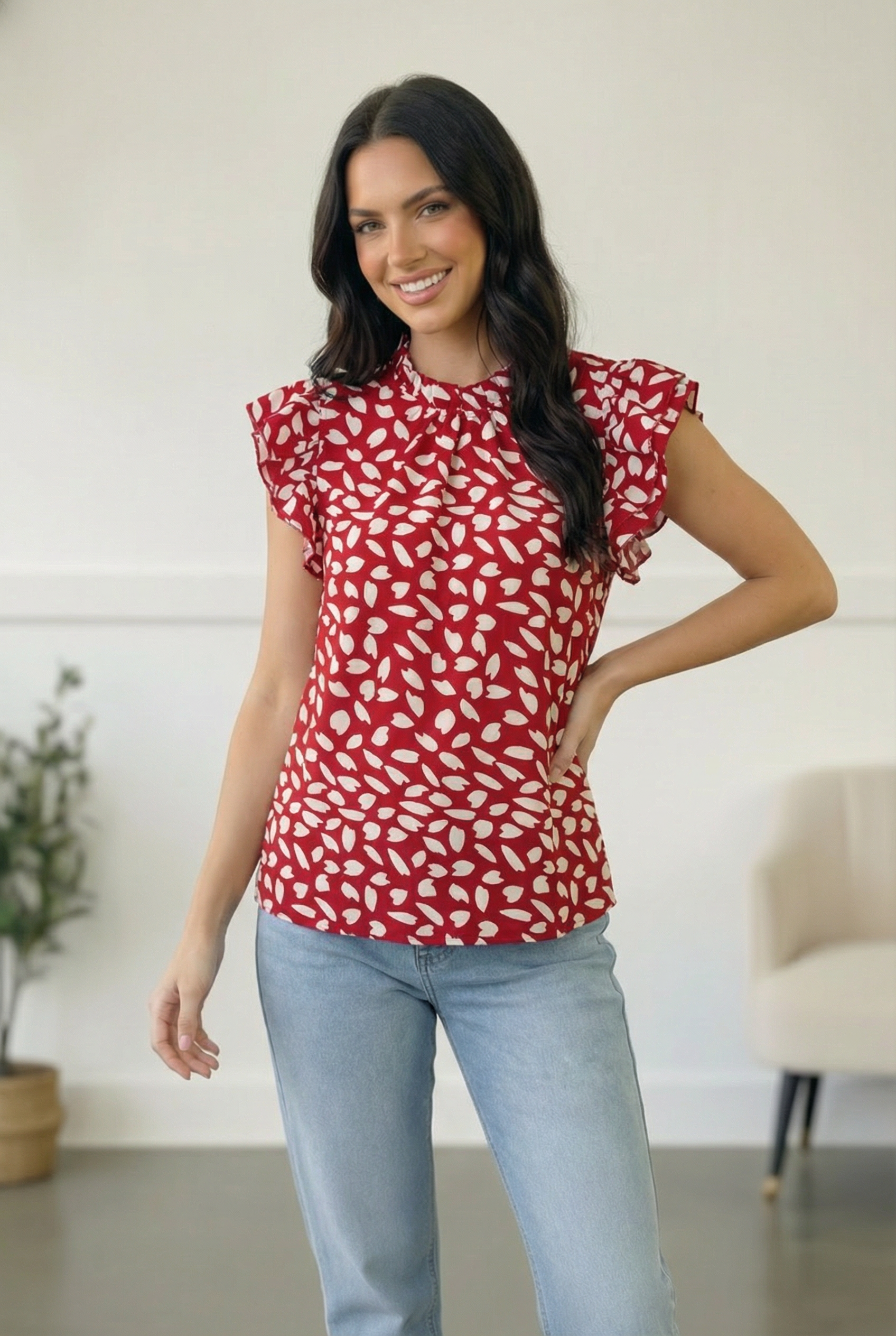 Ruby Breeze Abstract Ruffle Top