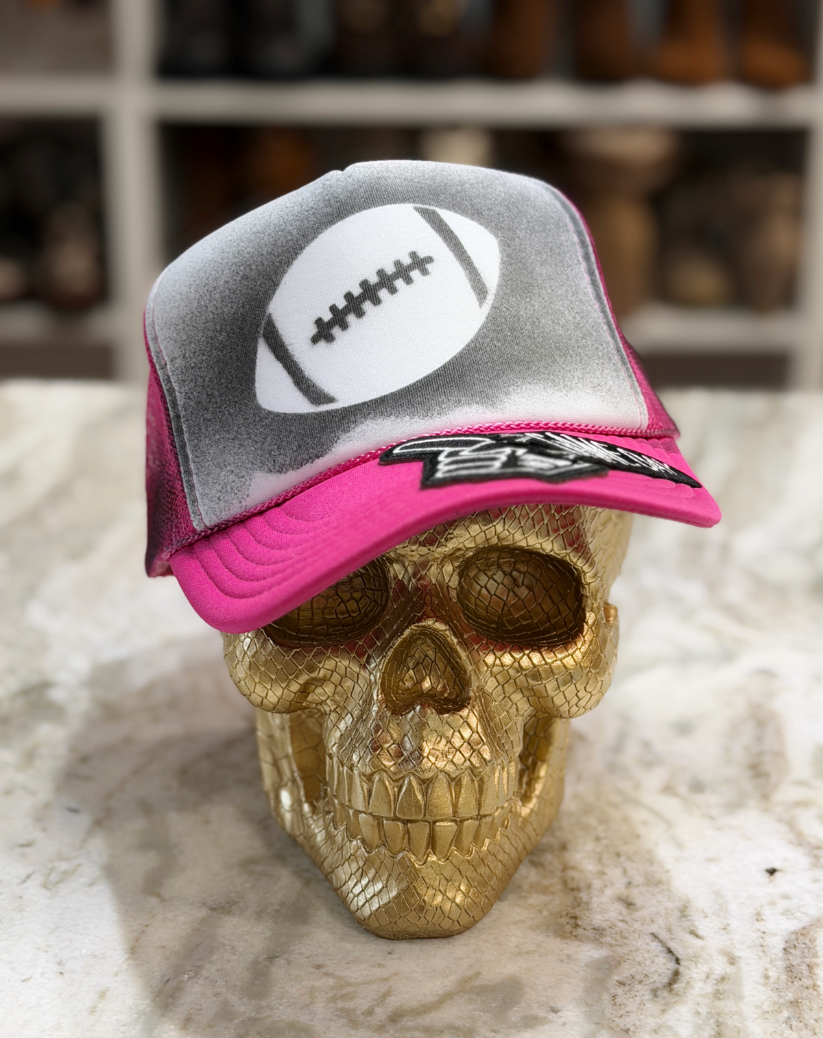 Pink Gameday Football Trucker Hat | Hand Painted Spray Paint Structured Mesh Hat