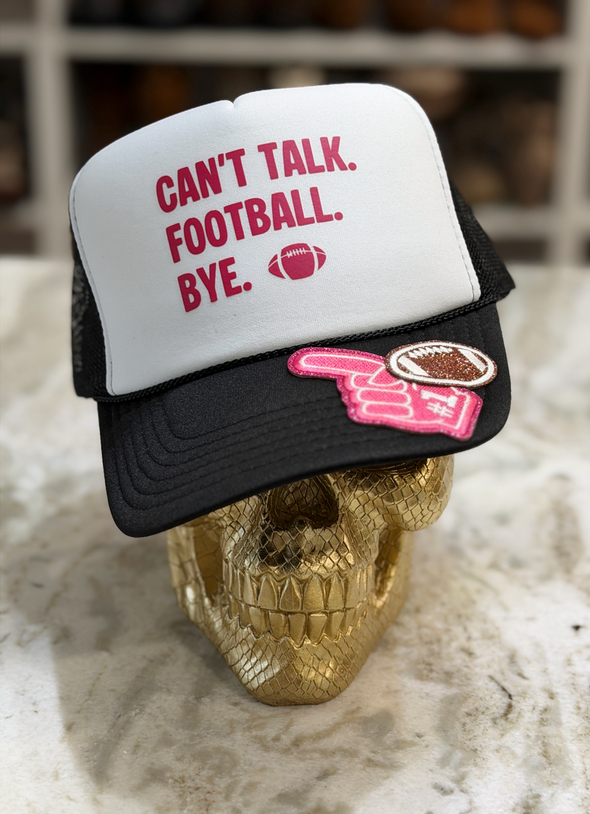 Can't Talk. Football. Bye. Trucker Hat | Pink & Black Football Hat