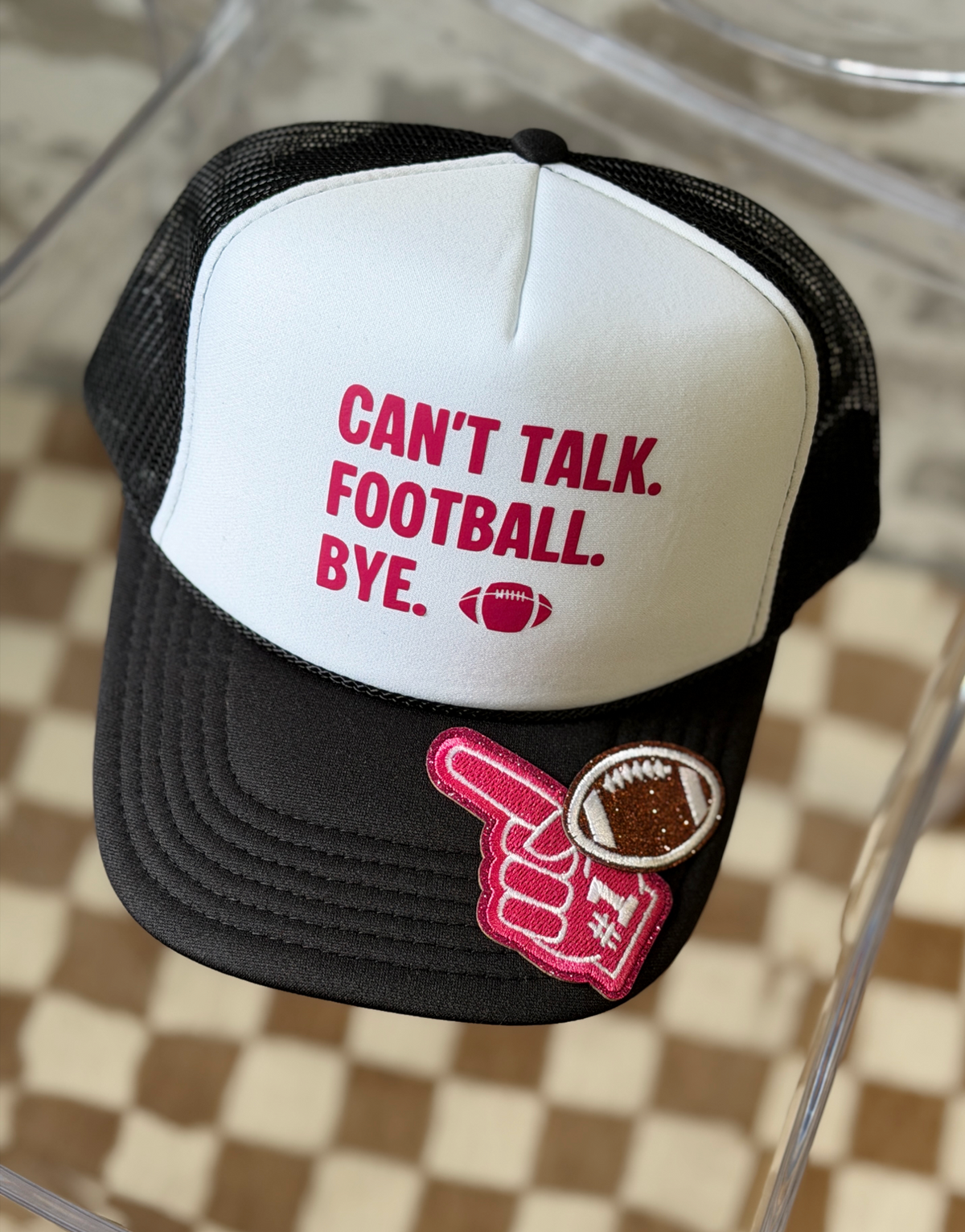 Can't Talk. Football. Bye. Trucker Hat | Pink & Black Football Hat