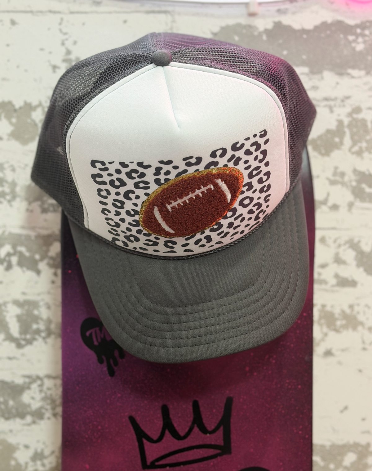 Leopard Football Trucker Hat | Dark Gray & White Structured Gameday Hat