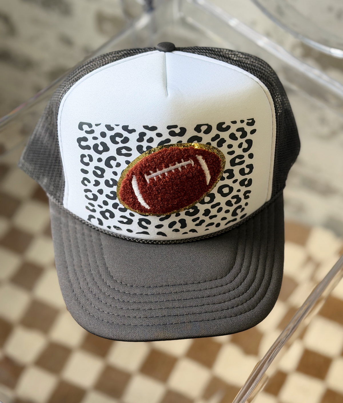 Leopard Football Trucker Hat | Dark Gray & White Structured Gameday Hat