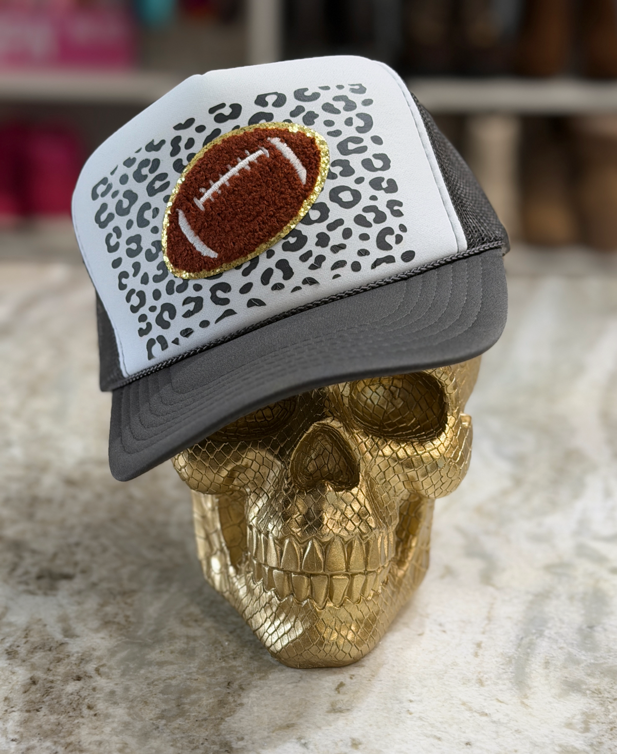 Leopard Football Trucker Hat | Dark Gray & White Structured Gameday Hat