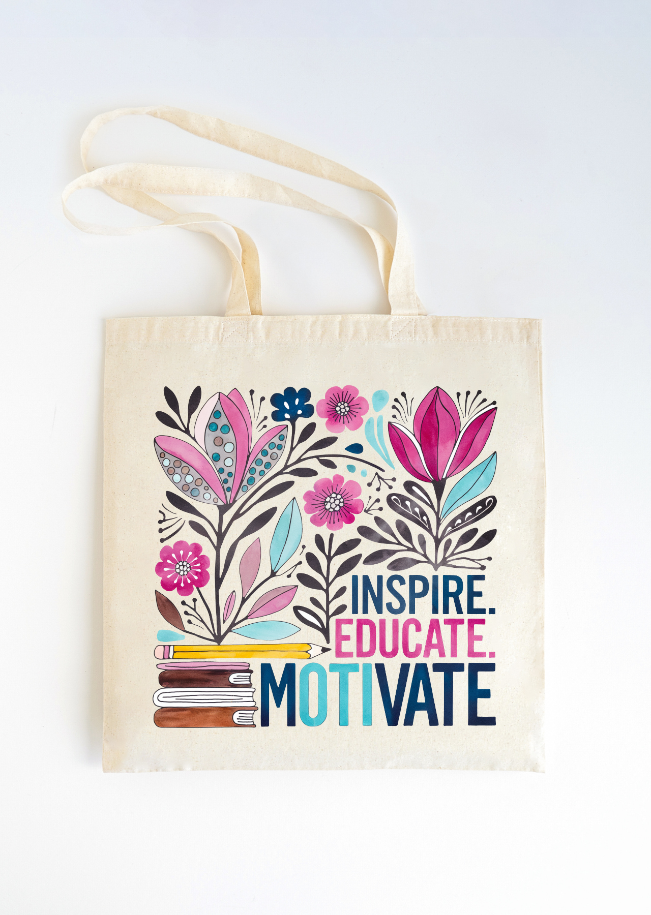 Inspire. Educate. Motivate. Floral Teacher Tote Bag