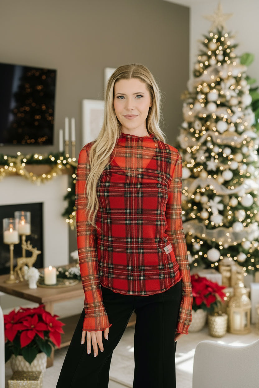 In the Present Plaid Mesh Layering Top in Red