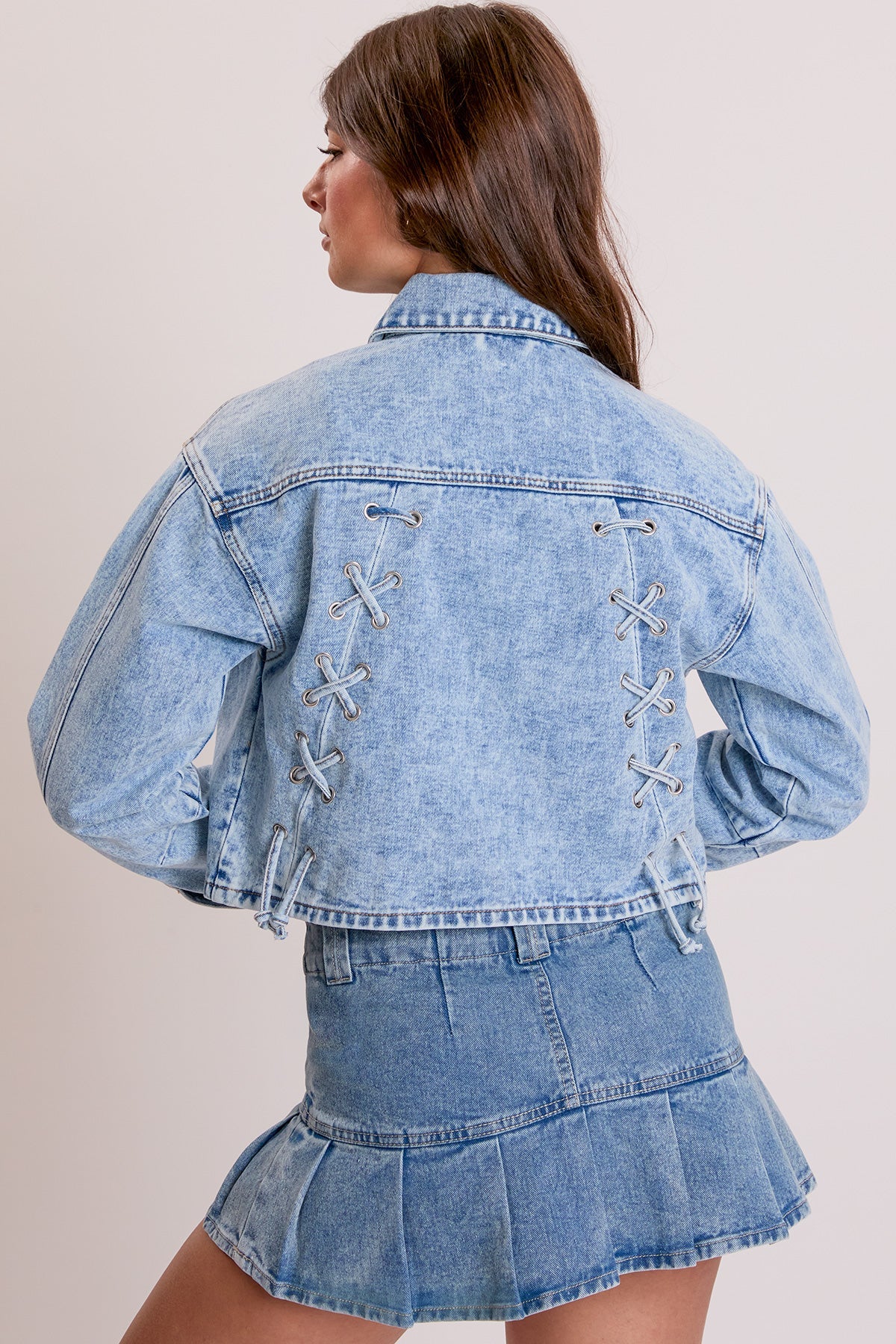 Cropped Lace Up Back Denim Jacket