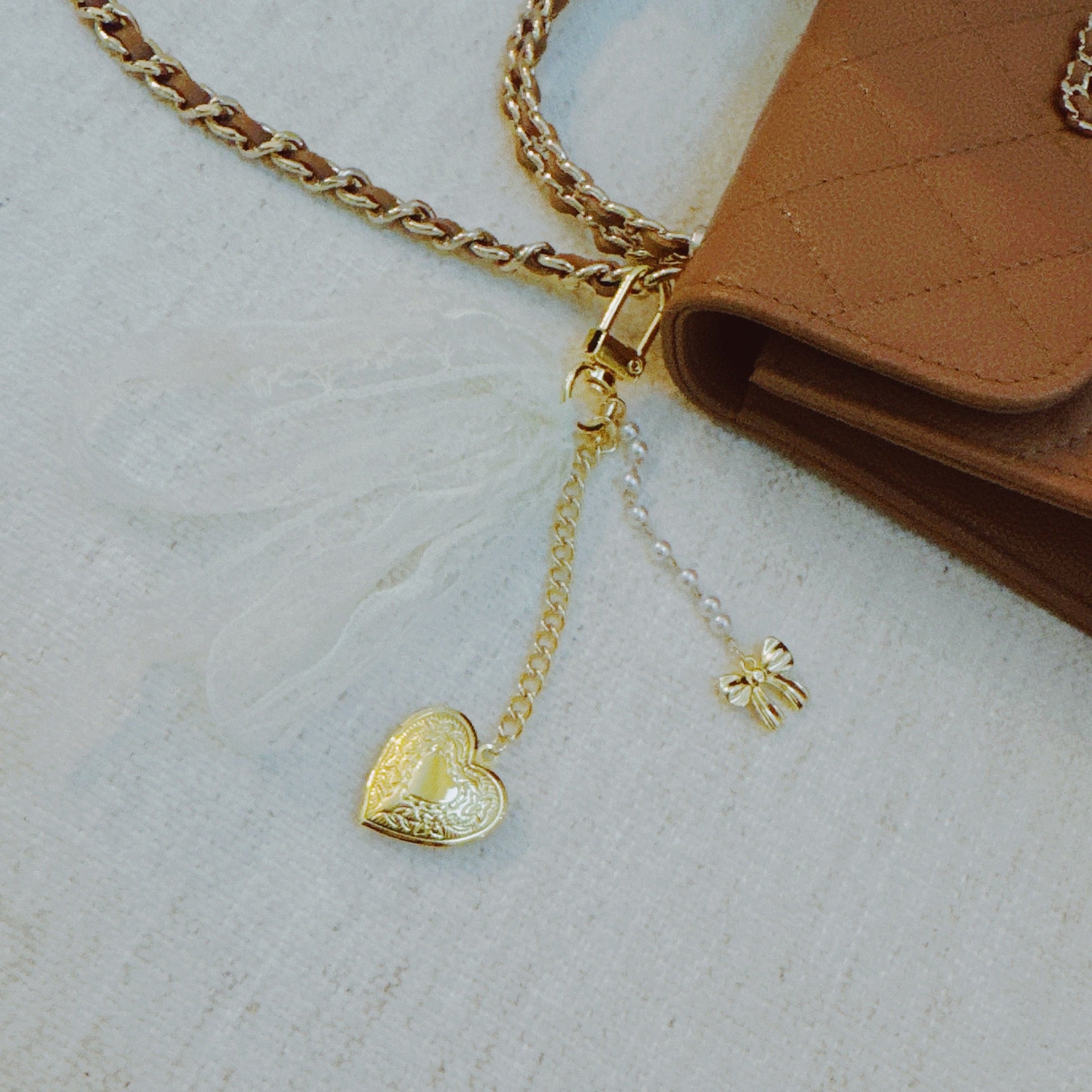 Lace & Love Heart Bag Charm  – White Bow with Gold Heart | Romantic Chic