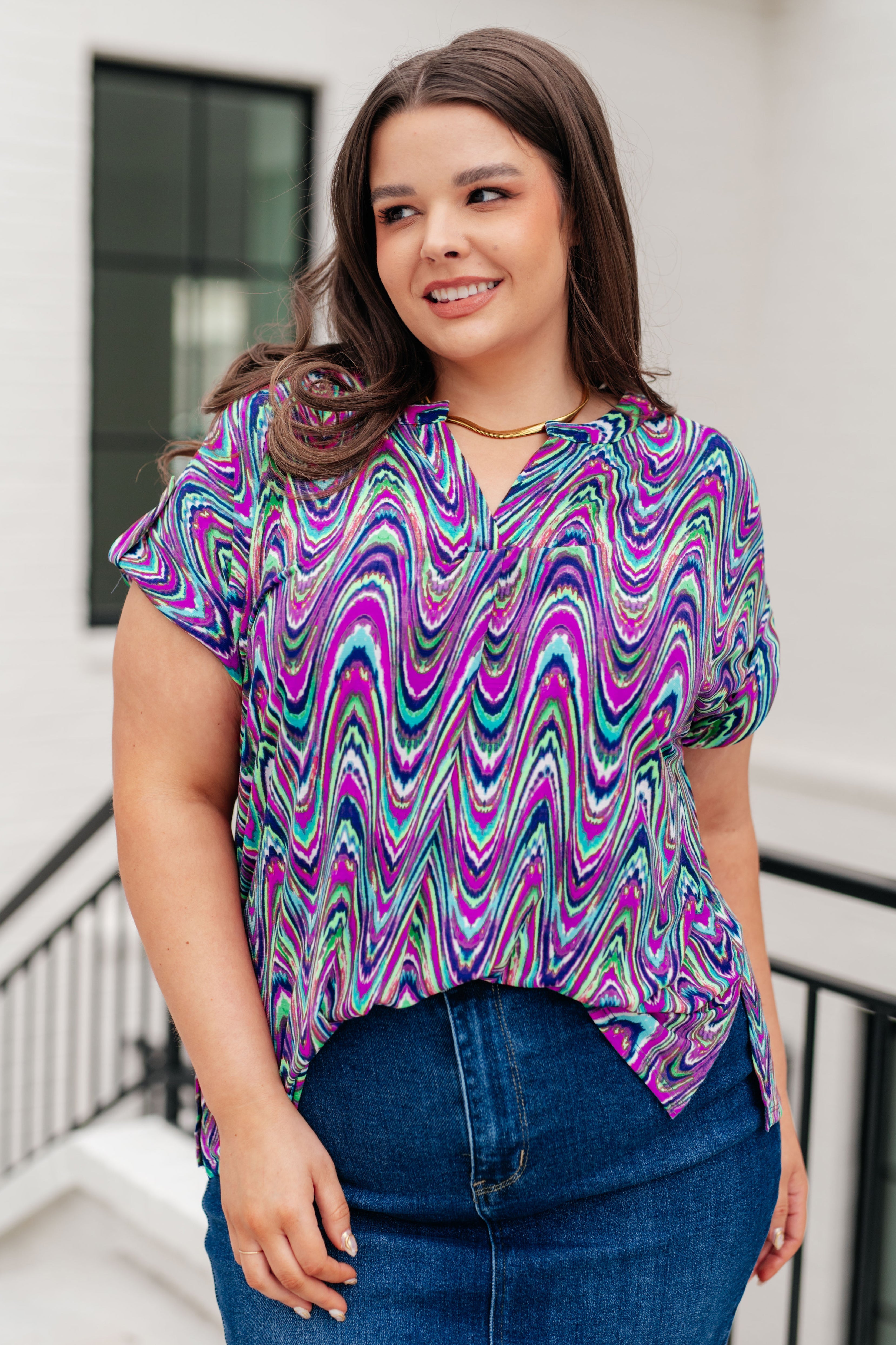 Lizzy Cap Sleeve Top in Purple Multi Marble - Medium