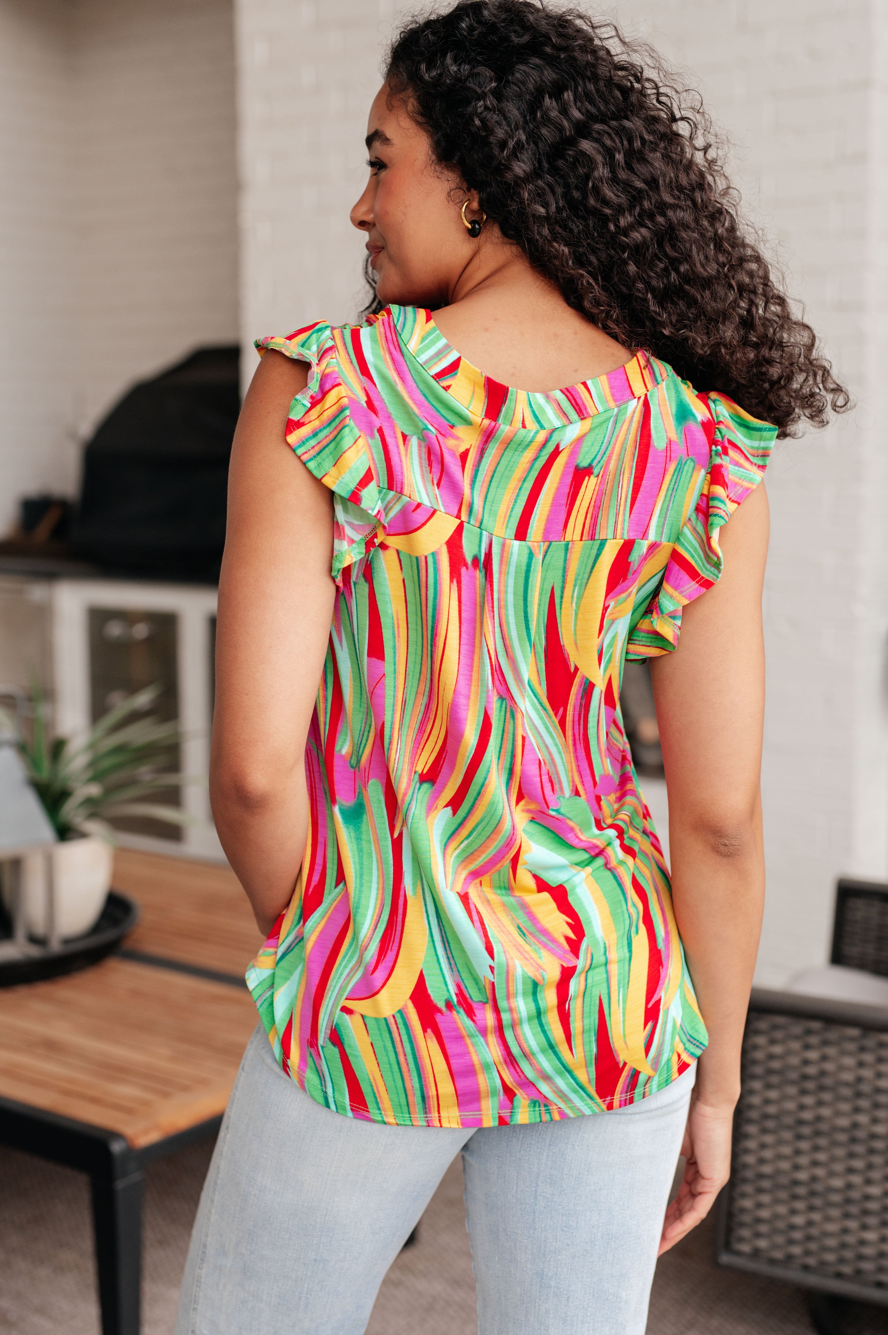 Lizzy Flutter Sleeve Top in Green Multi Abstract Stripe - Medium