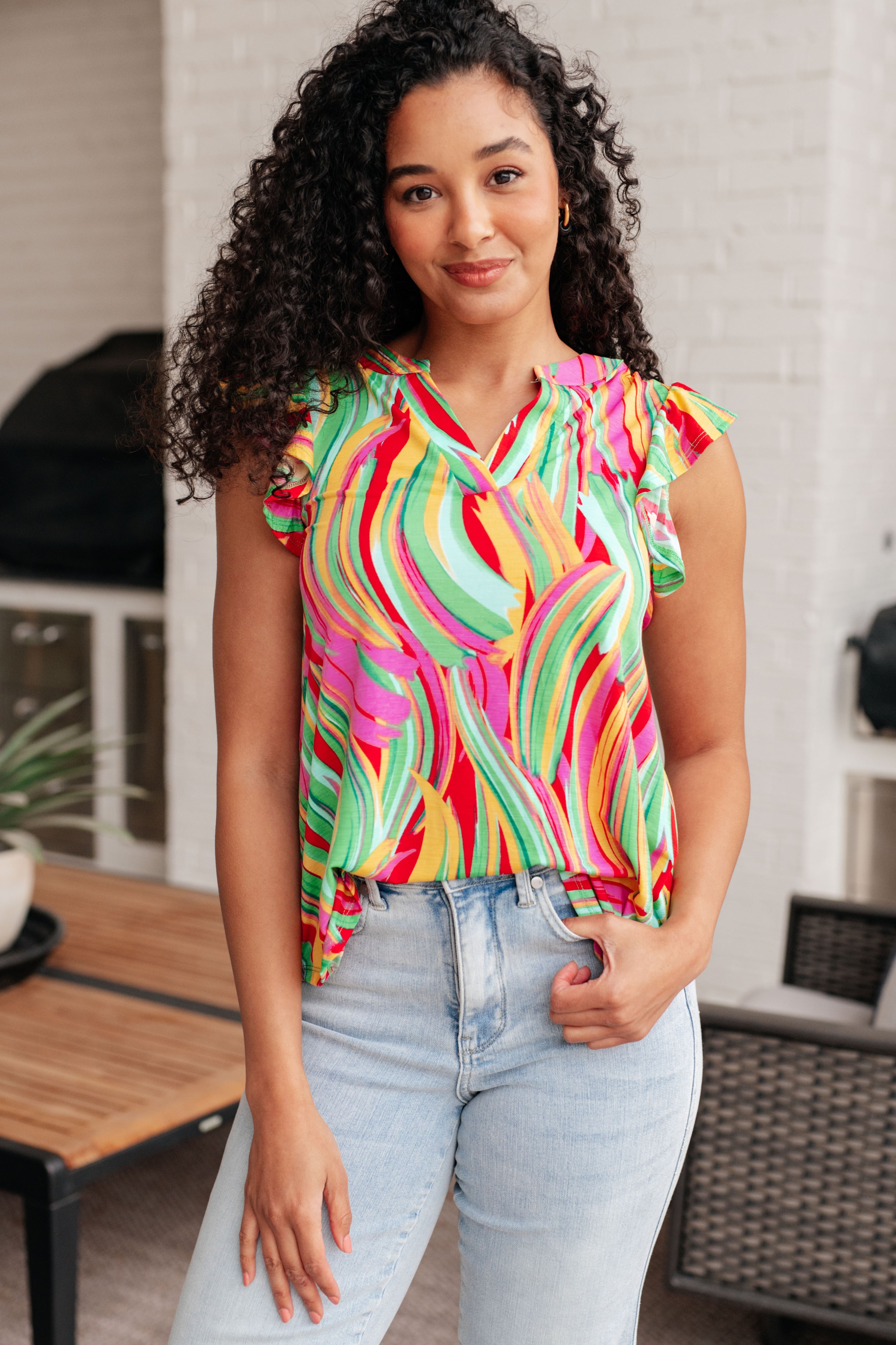 Lizzy Flutter Sleeve Top in Green Multi Abstract Stripe - Medium