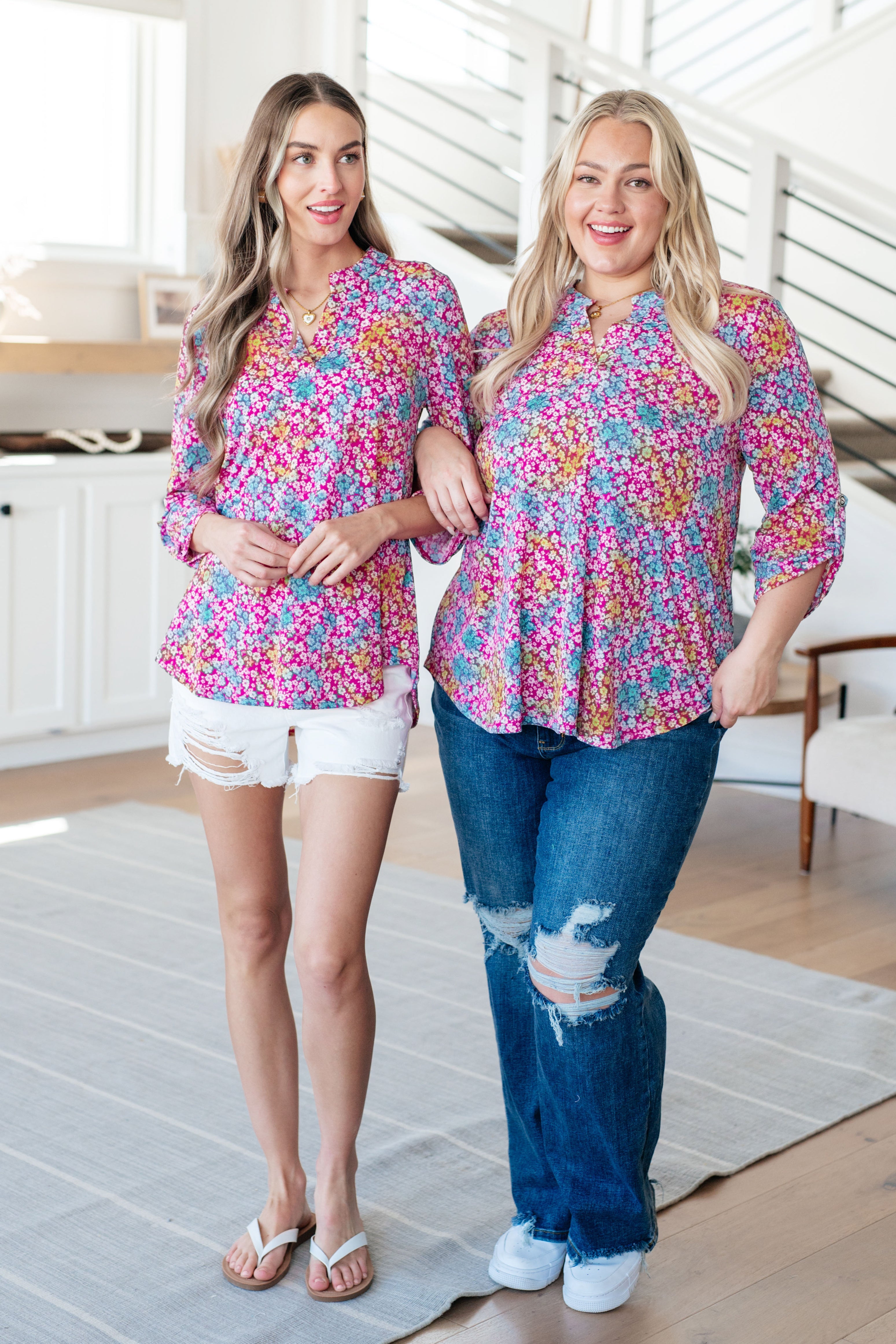 Lizzy Top in Pink and Aqua Ditsy Floral - Medium