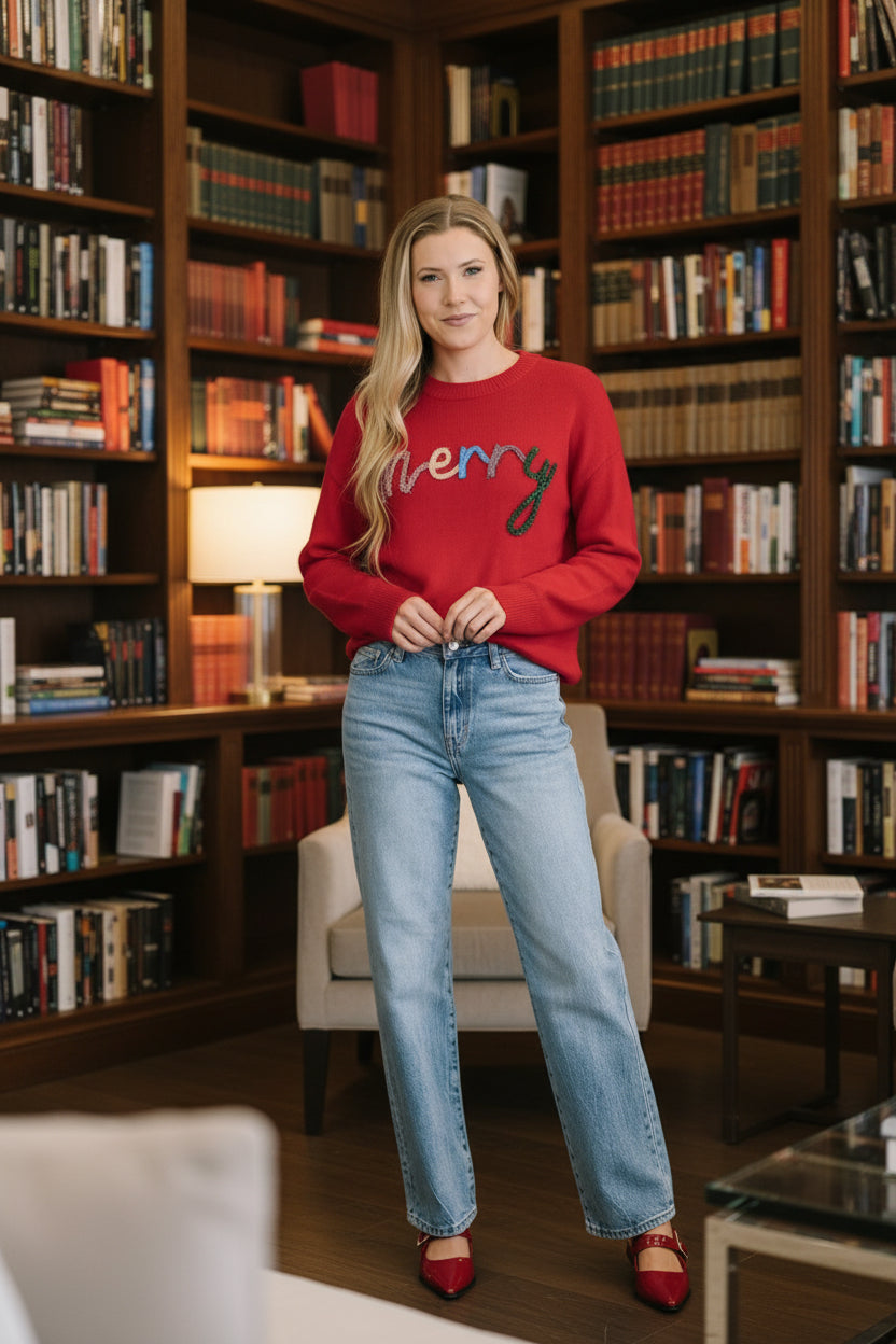 Merry Applique Drop Shoulder Pullover