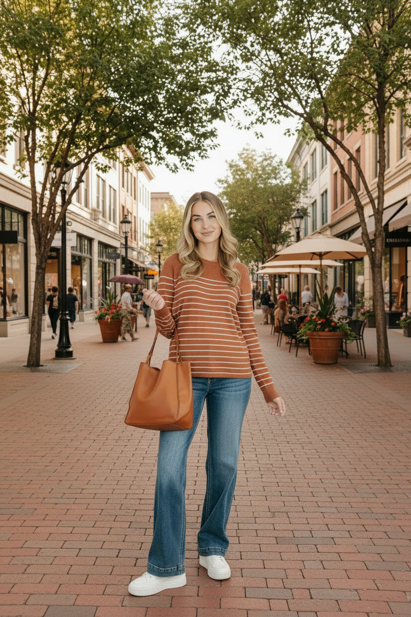 Woman in striped sweater and jeans holding a brown bag indoors.