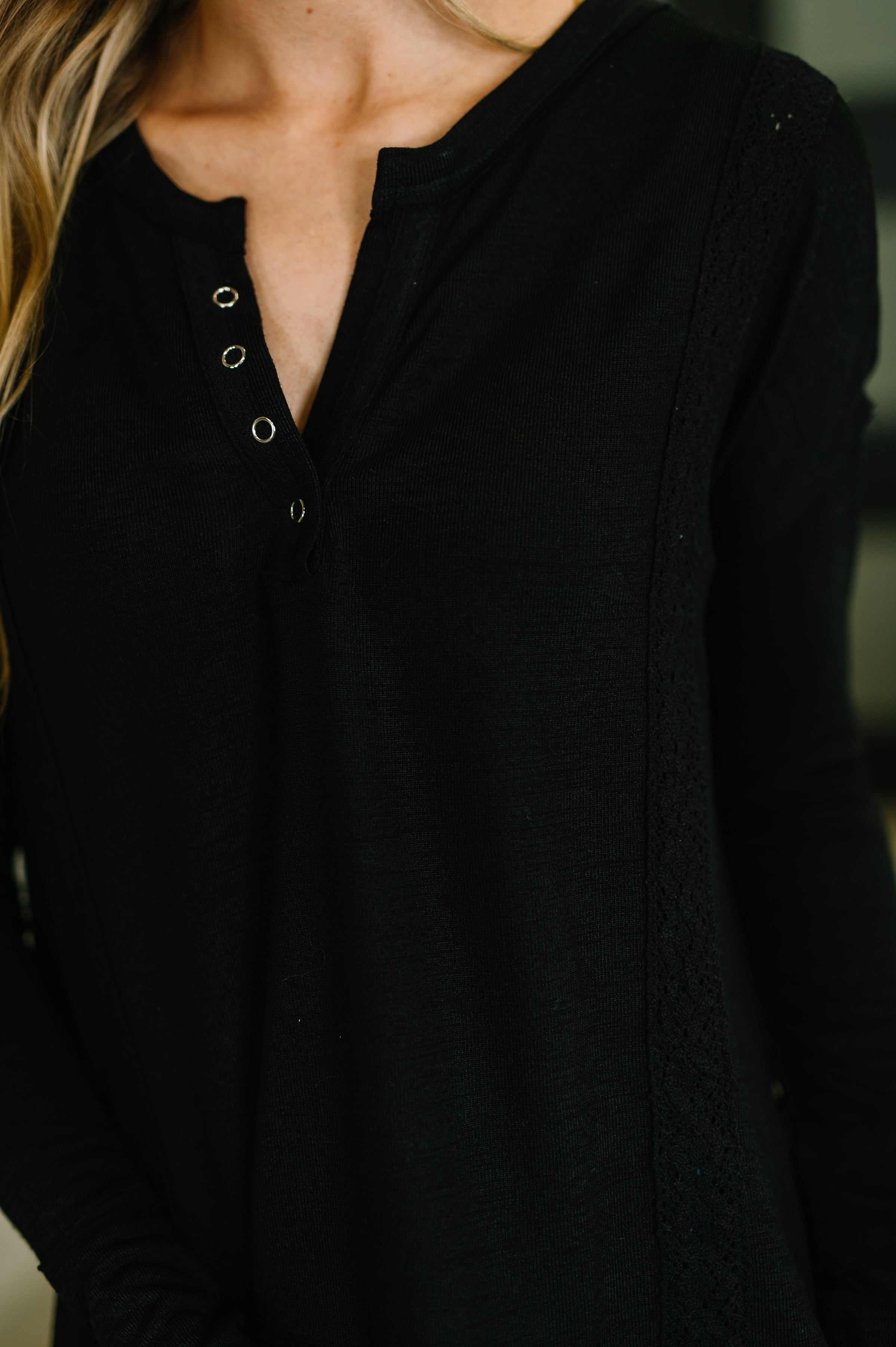 Never Been So Sure Lace Accent Henley Top in Black