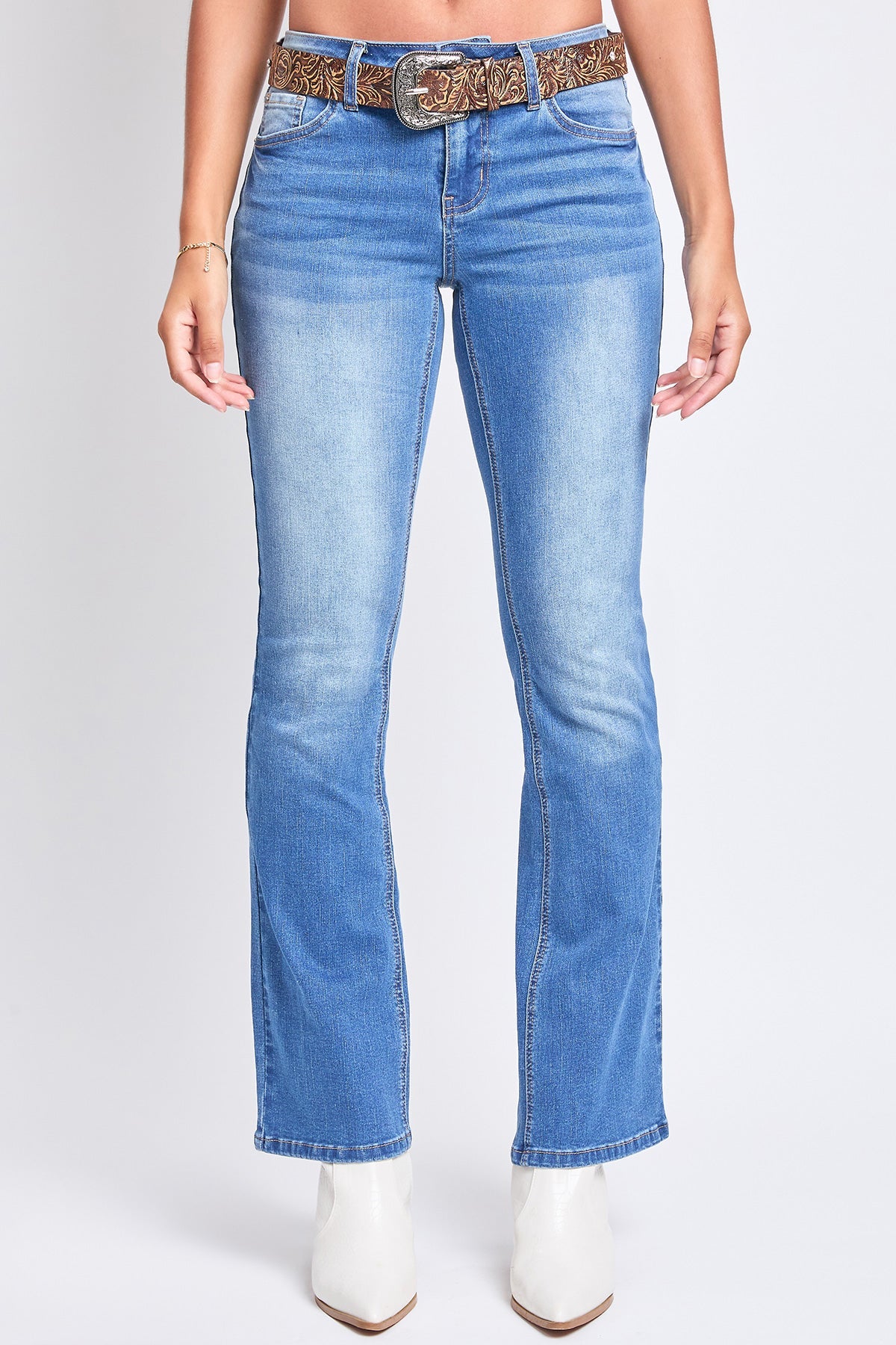Mid Rise Belted Bootcut Jeans