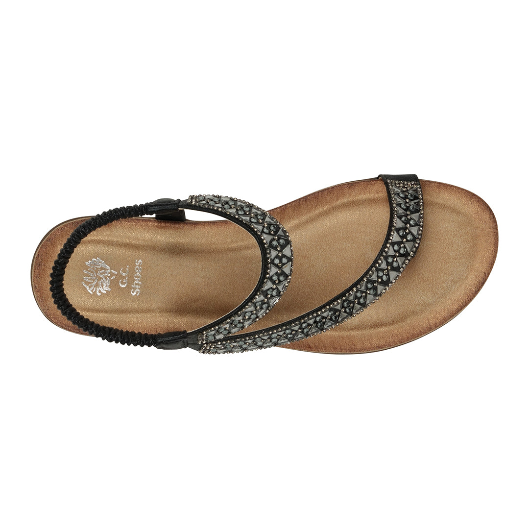 Reille Black Jeweled Slingback Flat Sandals