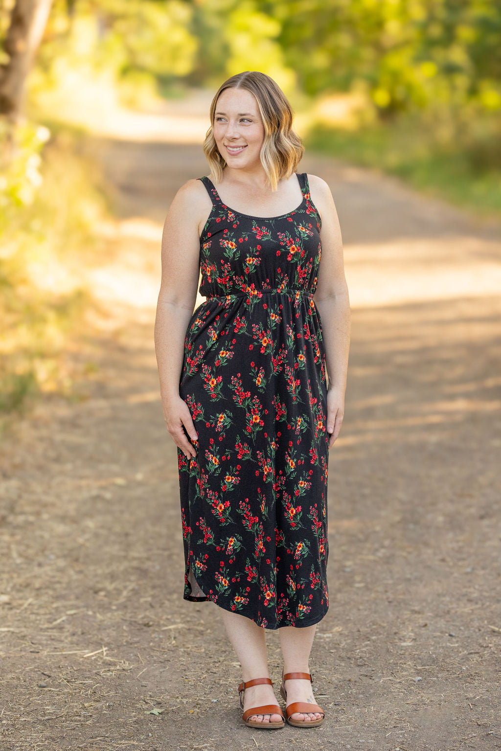 Reagan Ribbed Midi Dress - Black Floral