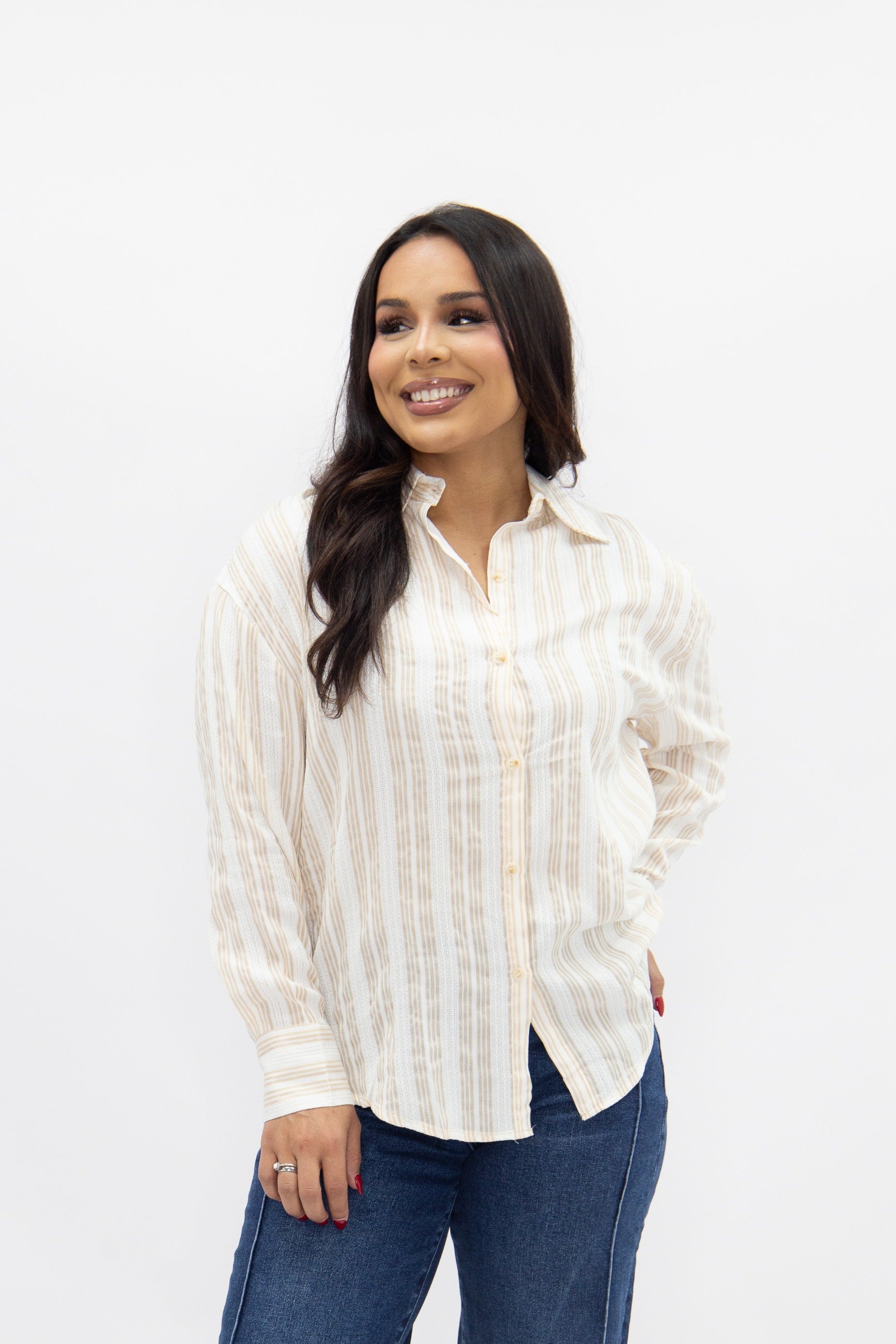 Kathryn Button-Up, Beige Stripes