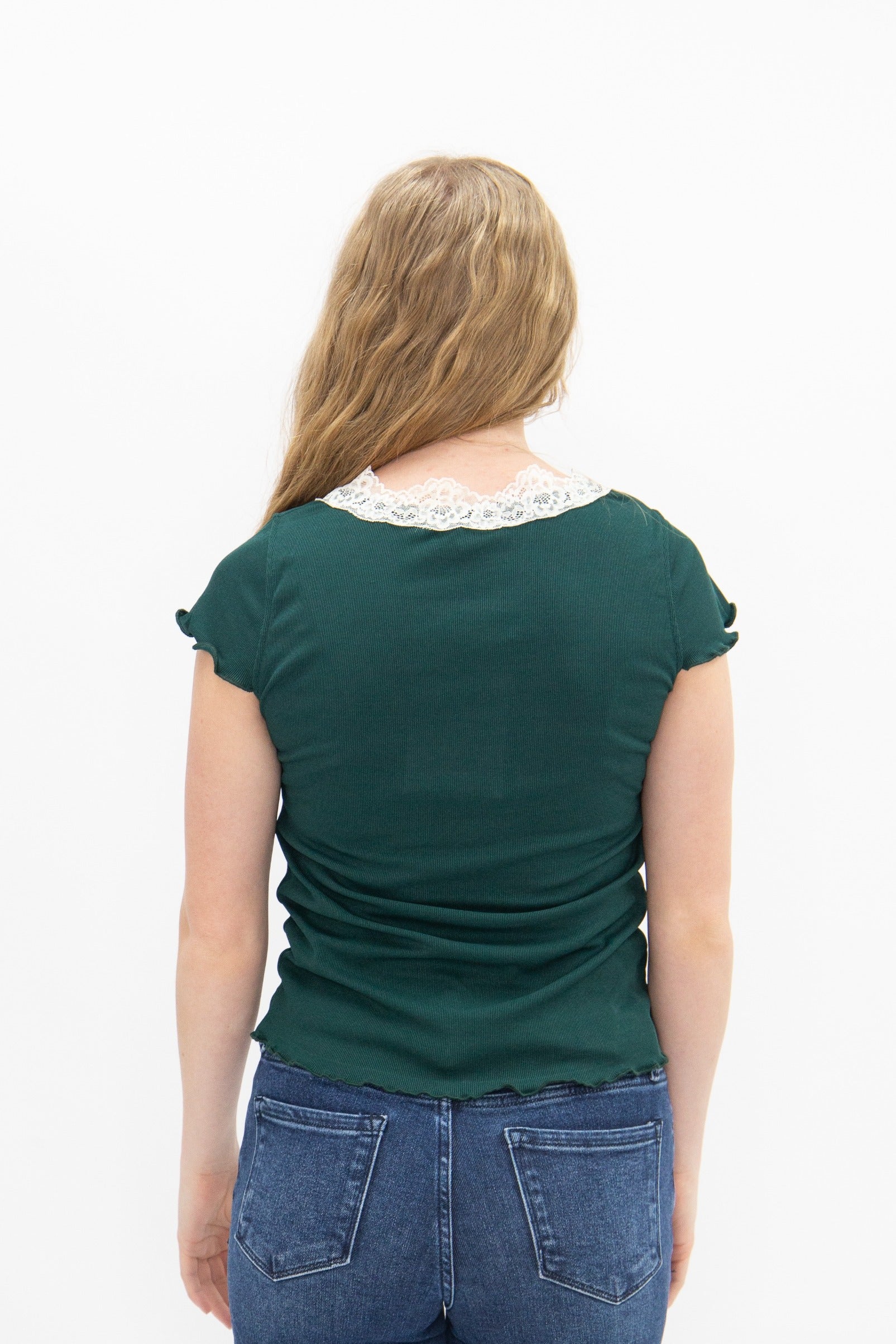 Square Neck Tee with Lace Trim, Forest Green