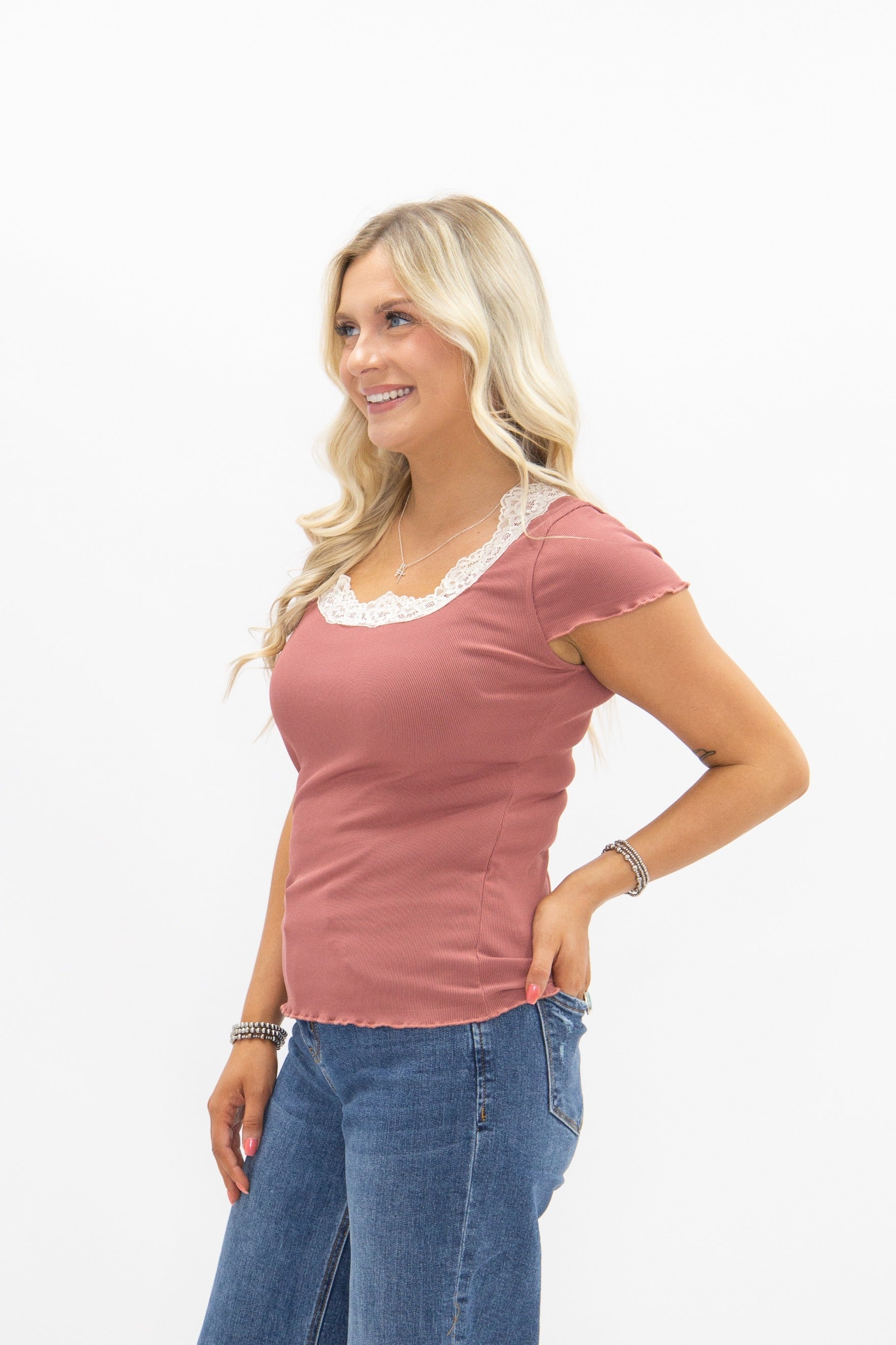 Square Neck Tee with Lace Trim, Mauve