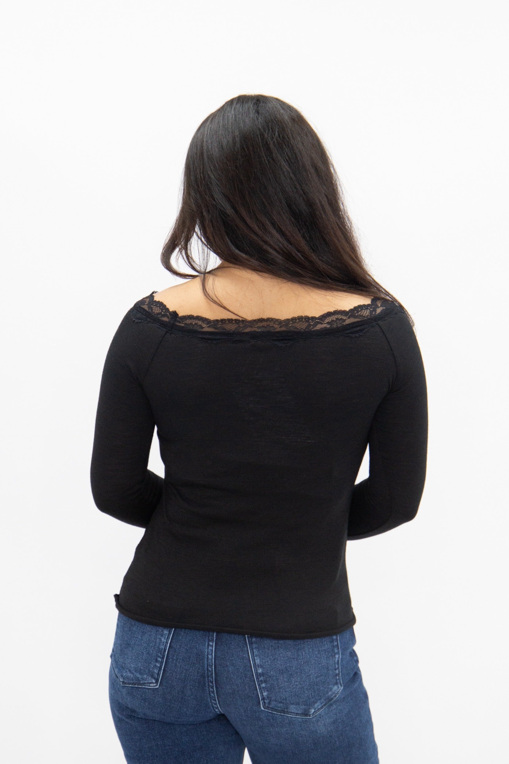 Longsleeve Off-the-Shoulder Top with Lace Trim, Black