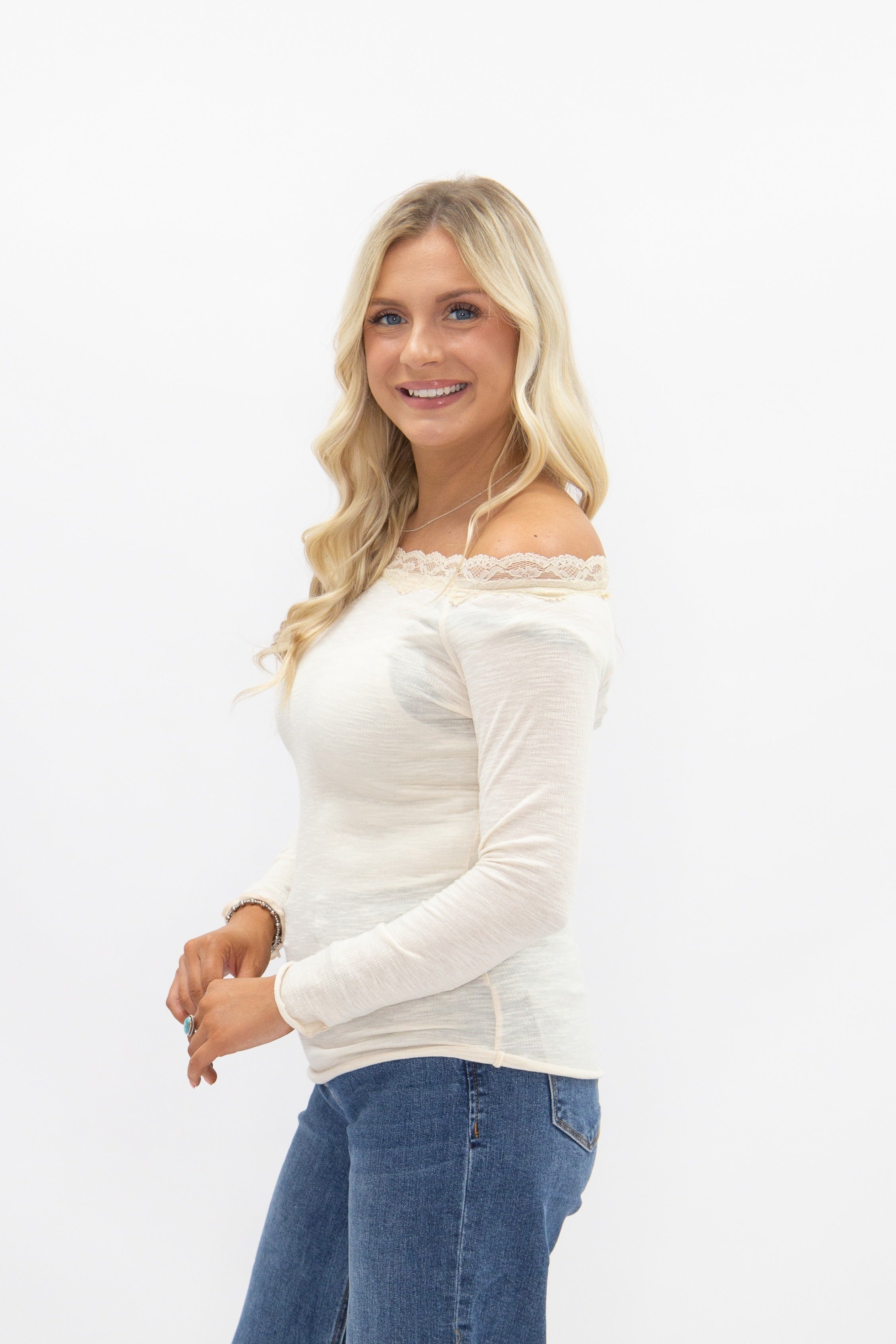 Longsleeve Off-the-Shoulder Top with Lace Trim, Ivory