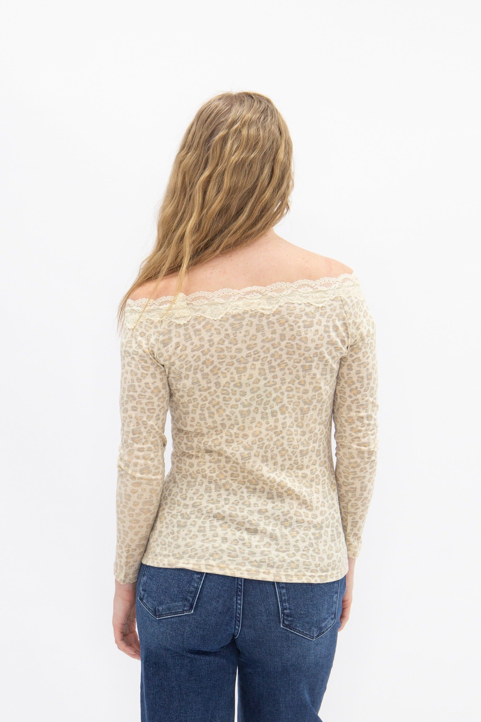 Longsleeve Off-the-Shoulder Top with Lace Trim, Leopard