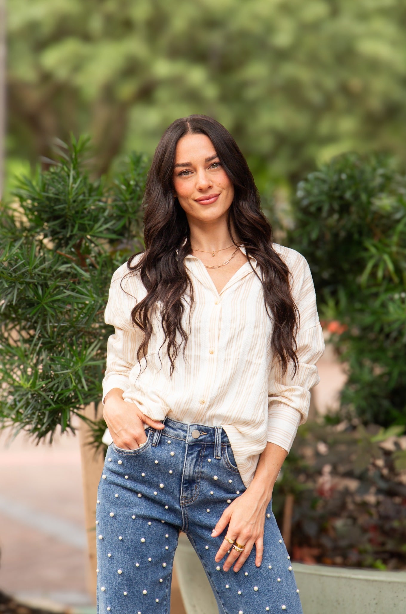 Kathryn Button-Up, Beige Stripes